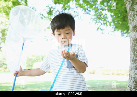 Giapponese giovane ragazzo con butterfly net in un parco della città Foto Stock