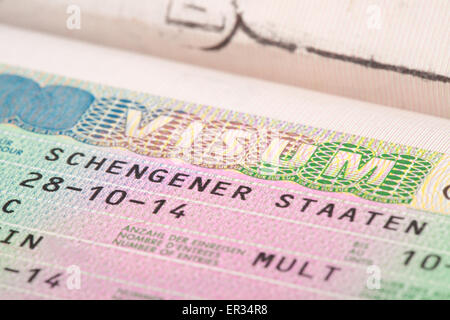 Unione paesi Schengen Visa in passport - immagine ravvicinata Foto Stock