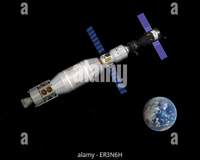 Un presidiati Soyuz TMA-M veicolo spaziale inserito con una tre-persona soggiorno esteso modulo inizia a lasciare la terra orbita con l aiuto di un Ru Foto Stock