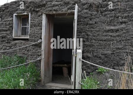 Una finestra e porta in una scavata a casa di Laura Ingalls Wilder museum di Walnut Grove, Minnesota. Foto Stock