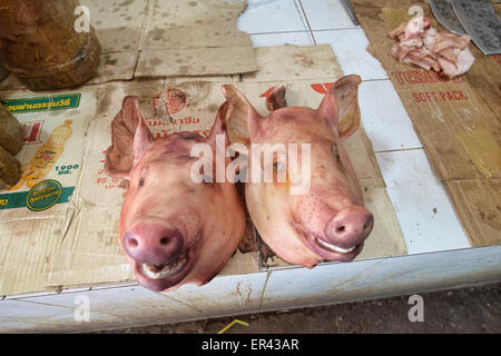 Teste di suini per la vendita nel Psar Cha Vecchio Mercato a Siem Reap, Cambogia Foto Stock