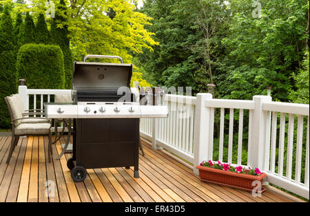 Foto di un barbecue allaperto fornello con birra fredda nel secchio in legno di cedro patio. Tabella e alberi colorati in background. Foto Stock