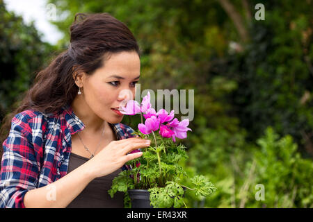 Giovane donna odorare un fiore nel suo giardino Foto Stock