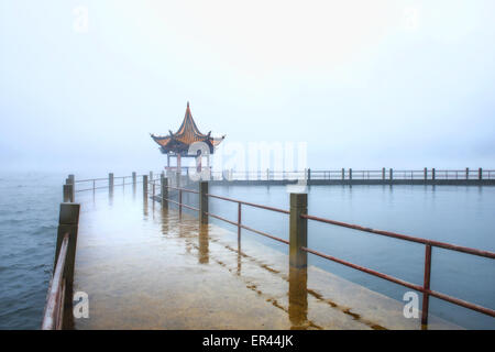 Dali, Yunnan, CHN. Decimo gen, 2015. Dali, Cina - Jan 09 2015: (solo uso editoriale. Cina OUT) ï¼ˆPhoto è stata processedï¼‰Lago Erhai sotto la pioggia. Lago Erhai è il più grande lago delle highland accanto a Dianchi e uno dei sette maggiori laghi di acqua dolce in Cina. ''Erhai'' significa ''sea conformata come un orecchio'' in cinese. Il che implica che il lago è a forma di orecchio e grande come un mare, fu così denominata. Il lago si estende su una superficie di 250 chilometri quadrati ed è situata a circa 2 chilometri ad est di Dali. È come un arco di luna che giace tra Cangshan e Dali come visto dal Monte Cangshan. In una giornata di sole, il c Foto Stock