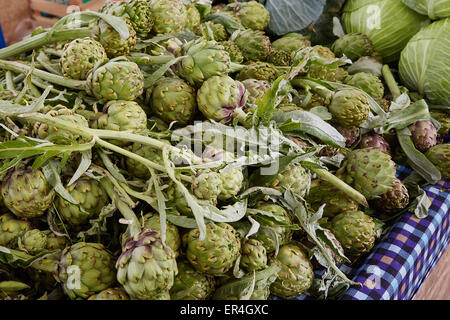 Un mucchio di carciofi freschi al mercato di martedì a Fethiye, Turchia. Foto Stock