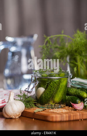 In casa cetrioli sottaceto con aglio. Debica, Polonia Foto Stock