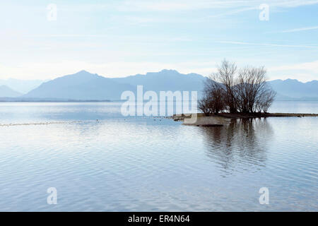 Vista delle Alpi Bavaresi attraverso il lago di Chiemsee, Chiemgau Alta Baviera Germania Europa Foto Stock