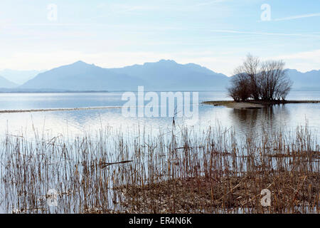 Vista delle Alpi Bavaresi attraverso il lago di Chiemsee, Chiemgau Alta Baviera Germania Europa Foto Stock