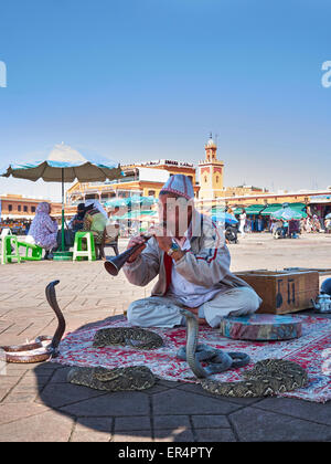 Il serpente incantatore in 'DJeema el fnaa' - La frenetica Marrakech piazza del mercato Foto Stock