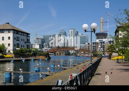 Nuove case a Millwall Dock esterno, Isle of Dogs, Londra UK, guardando verso Canary Wharf Foto Stock