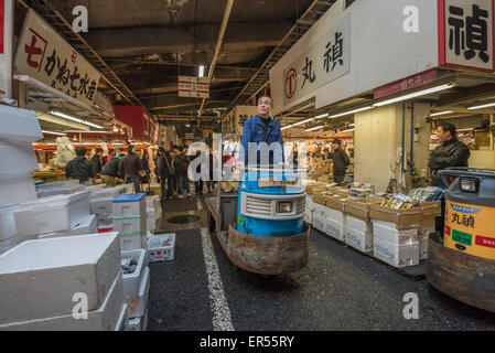 TOKYO, Giappone - Novembre, 22, 2014: un uomo alla guida di taretto, motorizzato carrello di carico, a Tsukiji, il più grande pesce e frutti di mare mercato Foto Stock