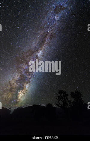 La Via Lattea è visto come se fosse salita al di fuori del ghiacciaio Fox e Mt. Cuocere in Nuova Zelanda, il Sud delle Alpi. Foto Stock