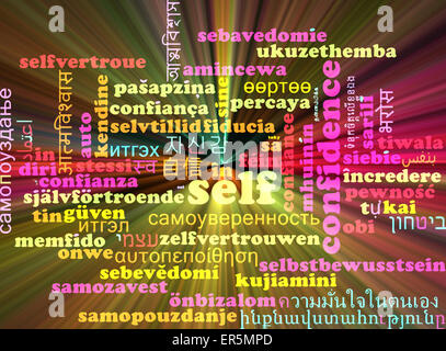 Concetto di sfondo wordcloud internazionale multilingue molti corsi di illustrazione di fiducia in sé la luce incandescente Foto Stock