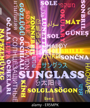 Concetto di sfondo wordcloud internazionale multilingue molti corsi di illustrazione di occhiali da sole luce incandescente Foto Stock