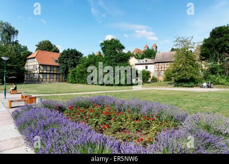 La parola casa con giardino, Quedlinburg, Sassonia-Anhalt, Germania Foto Stock