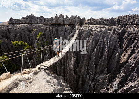 Ponte di sospensione in Tsingy de Bemaraha National Park, Mahajanga, Madagascar, Africa Foto Stock