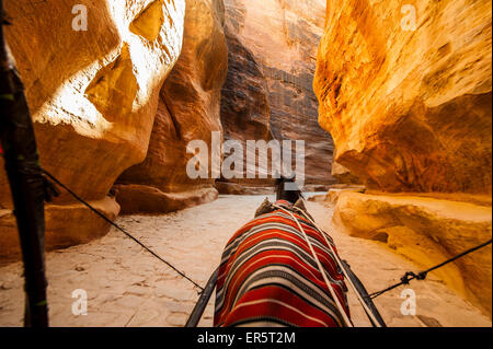 Carrozza a cavalli passando il Siq, Petra, Giordania, Medio Oriente Foto Stock