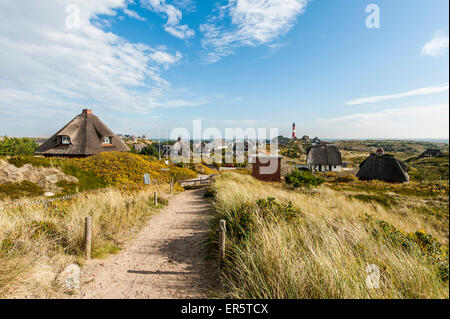 Case col tetto di paglia nelle dune, Hoernum, Sylt, Schleswig-Holstein, Germania Foto Stock