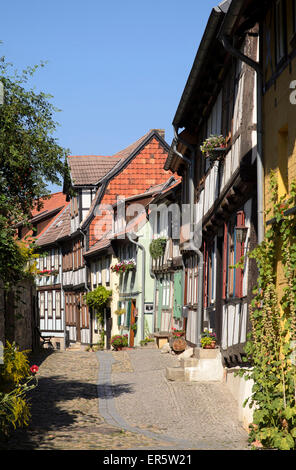 Semi-case con travi di legno in un vicolo su Schlossberg Quedlinburg, sotto il castello e la Chiesa Collegiata di San Servazio, Quedlinbu Foto Stock