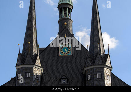 Tetto del municipio, Wernigerode, Harz, Sassonia-Anhalt, Germania, Europa Foto Stock