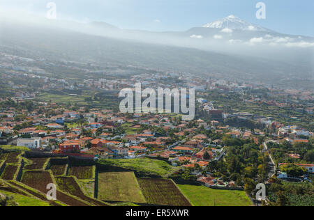 Vista dal Mirador de Humboldt, punto di vista, vista sulla valle di Orotava al Teide, 3718m, con neve, l'isola di pietra miliare, highes Foto Stock