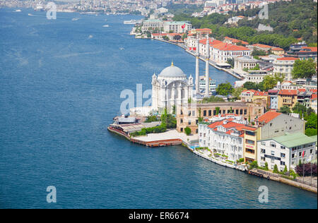 La vista della Moschea Ortakoy e le case sulle rive del Bosforo dal ponte sul Bosforo, Istanbul Foto Stock