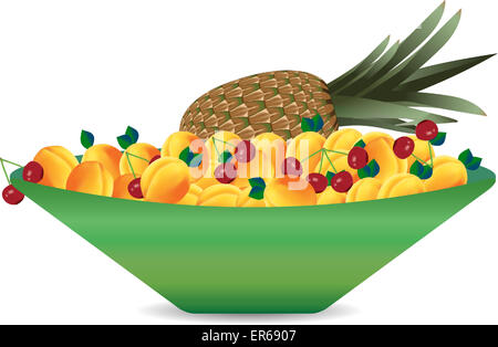 Set di frutti su un piatto. Albicocca e ananas e ciliegia. Illustrazione Vettoriale Foto Stock