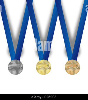 Set di medaglia. Bronze, Silver e Gold appendere sul nastro di colore blu Foto Stock