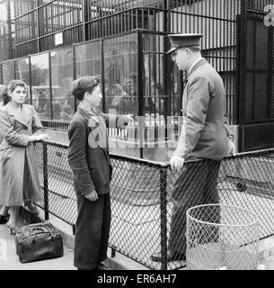 Ron Smith, custode dello zoo, parlando con Clifford Preece 15, che hanno assistito ad un incidente con Guy il Gorilla presso lo Zoo di Londra, raffigurato in piedi al di fuori della gabbia del gorilla, 18 giugno 1956. Foto Stock