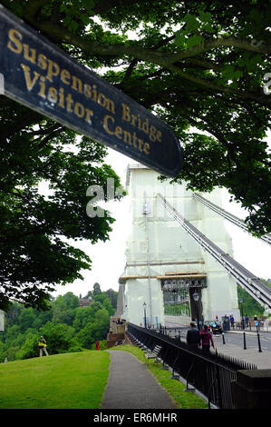 Un cartello dirigere i pedoni verso il ponte sospeso di Clifton Visitor Centre in Bristol. Foto Stock