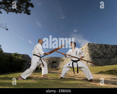 Masaharu Higa ottavo dan & Katsuyoshi Chibana 7 dan Okinawa SHORIN-RYU Karate-do Myobu-kan Yomitan capo dojo Foto Stock