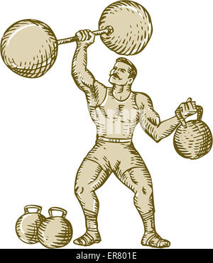 Incisione Incisione fatta a mano illustrazione dello stile di uomo forzuto circense il sollevamento barbell su un lato e kettlebell sul Foto Stock