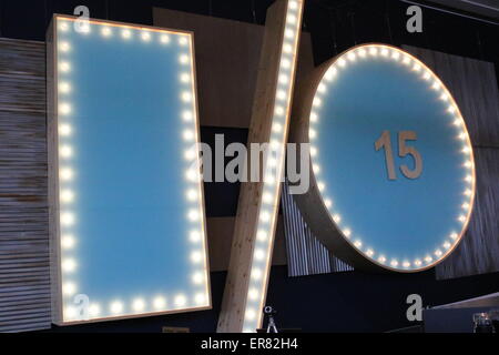 San Francisco, Stati Uniti d'America. 28 Maggio, 2015. Il logo di Google I/O 2015 developer conference visto nel centro di Moscone West di San Francisco, Stati Uniti d'America, 28 maggio 2015. Foto: ANDREJ SOKOLOW/dpa/Alamy Live News Foto Stock