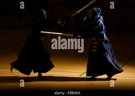 Tokyo, Giappone. 28 Maggio, 2015. 28 maggio 2015 a Tokyo. Suzanne Tanzer (destra) treni con Manuela Hoflehner entrambe le donne austriache di Kendo del team, in Giappone per competere nel mondo Kendo campionati, a partire Maggio 30th. Credito: Peter Blake/Alamy Live News Foto Stock