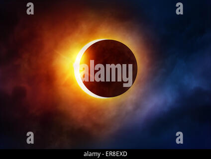 Eclissi solare. La luna in movimento nella parte anteriore del sun. Illustrazione Foto Stock