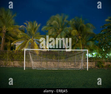 Soccer obiettivo sul campo contro di palme al tramonto Foto Stock