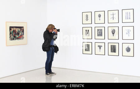 Un giornalista prende le fotografie all'anteprima di stampa per la mostra "Begegnung Karl Blossfeldt und Neo Rauch' all'Grafikstiftung Neo Rauch in Germania Aschersleben, 29 maggio 2015. La mostra visualizza xx secolo agenzie di vegetali al fianco di nuovi pezzi da Lipsia artista Neo Rauch. Incluso nella mostra sono le fotografie originali da Karl Blossfeld (1865-1932), che ha fornito Rauch con ispirazione. La mostra va dal 30 maggio 2015 fino al 24 aprile 2016. Foto: Jens WOLF/dpa Foto Stock