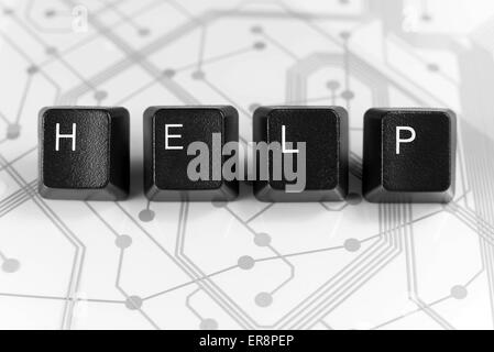 Assistenza IT, nero di quattro tasti della tastiera sul circuito bianco sullo sfondo della scheda Foto Stock
