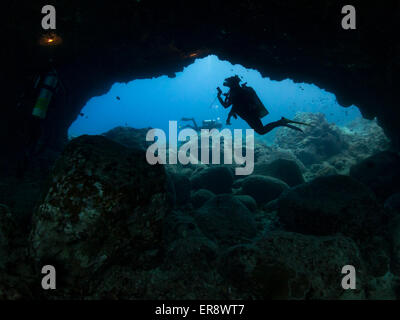 Scuba diving in cerca di vita su archi di lava in Hawaii, Big Island, STATI UNITI D'AMERICA Foto Stock