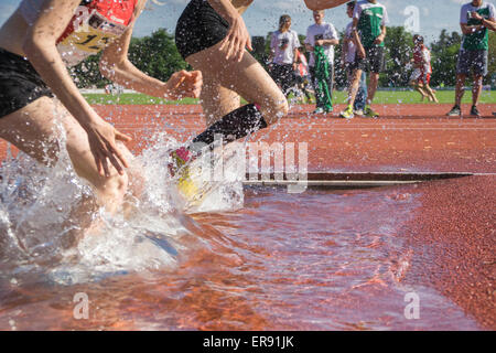 PLIEZHAUSEN, BADEN-WUERTTEMBERG/ Germania - Mai 17 2015: Sconosciuto steeplechasers femmina in tedesco Track & Field Championships in esecuzione attraverso l'acqua ostacolo Foto Stock