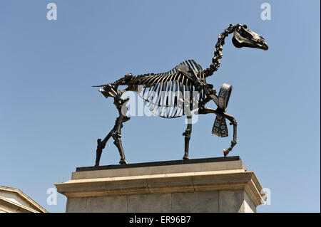 La grande scultura "regalo" cavallo dell'artista tedesco Hans Haacke sul display in Trafalgar Square, Londra, Regno Unito. Foto Stock