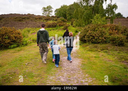 Vista posteriore di una famiglia a piedi attraverso la Nuova Foresta Foto Stock