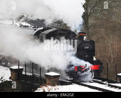 Bauletto serbatoio del motore 1501 sfiati un intero lotto di vapore storming fuori una coperta di neve Highley , Severn Valley Railway, Shropshire, Foto Stock