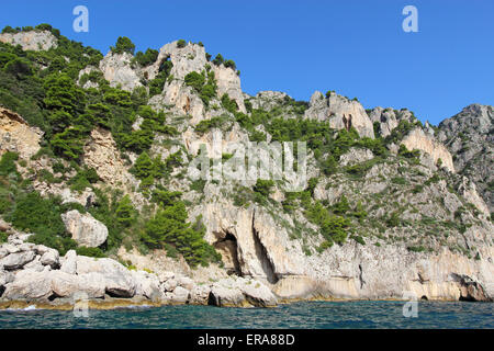 Un arco e le grotte sulla costa di Isola di Capri, Italia Foto Stock