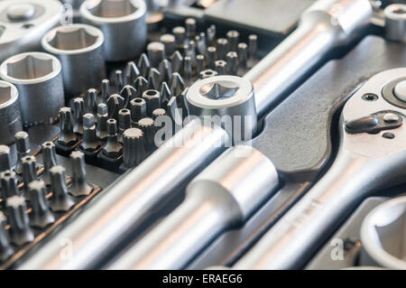 Socket, strumenti, chiavi, chiavi e punte in vanadio cromato set di socket. Foto Stock