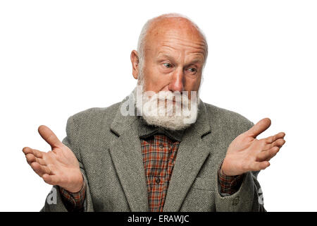 Uomo vecchio con una grande barba e un sorriso su sfondo bianco Foto Stock