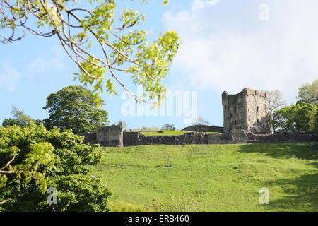 Le rovine di: Peveril Castle sedersi sulla cima di una collina in Castleton, un grazioso villaggio nel parco nazionale di Peak District, DERBYSHIRE REGNO UNITO Foto Stock