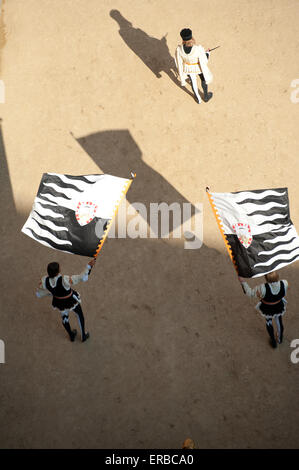 Alfieri o sbandieratori della Contrada della Lupa al Corteo Storico prima del Palio di Siena, Toscana, Italia Foto Stock