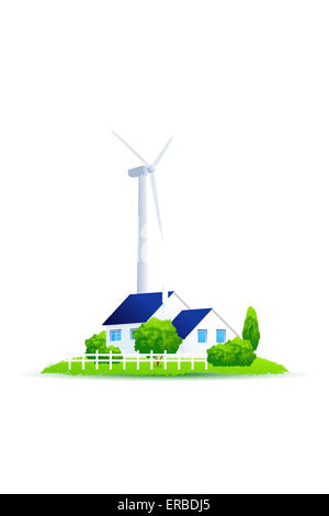 Eco House. Illustrazione di energia verde per la casa su un piccolo appezzamento di terra. Il potere di vento turbina. Isolato su sfondo bianco. Foto Stock