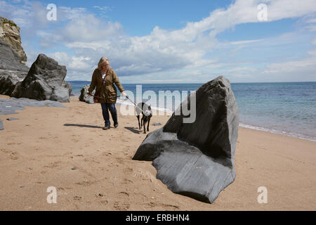 Una donna che esercita un levriero su una spiaggia vicino a Slapton Sands, Devon, Regno Unito. Affioramenti in ardesia in primo piano. Foto Stock